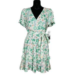 NEW! As U Wish Floral Wrap Dress Casual Print Cap Sleeve V Neck Spring - L
